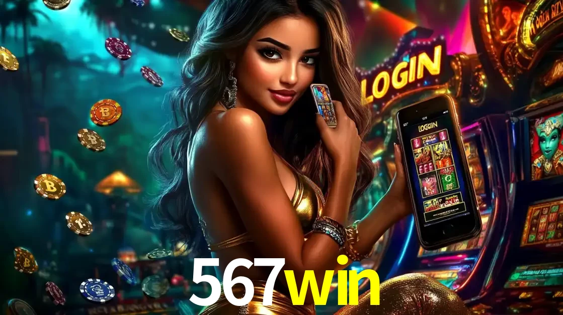 Mulher em um cenário de cassino temático de aventura, mostrando o app de caça-níqueis da 567win no celular. Fichas de apostas flutuam ao redor.