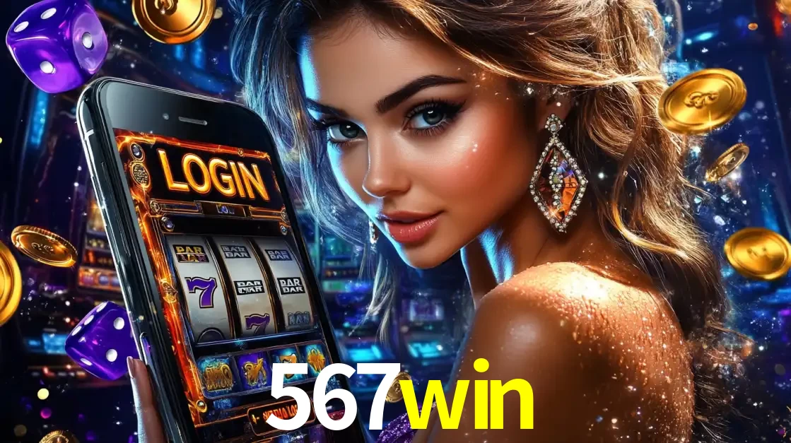 Mulher glamorosa segurando um smartphone com a tela de login para os jogos de caça-níqueis do cassino online 567win, com moedas de ouro e dados ao redor.