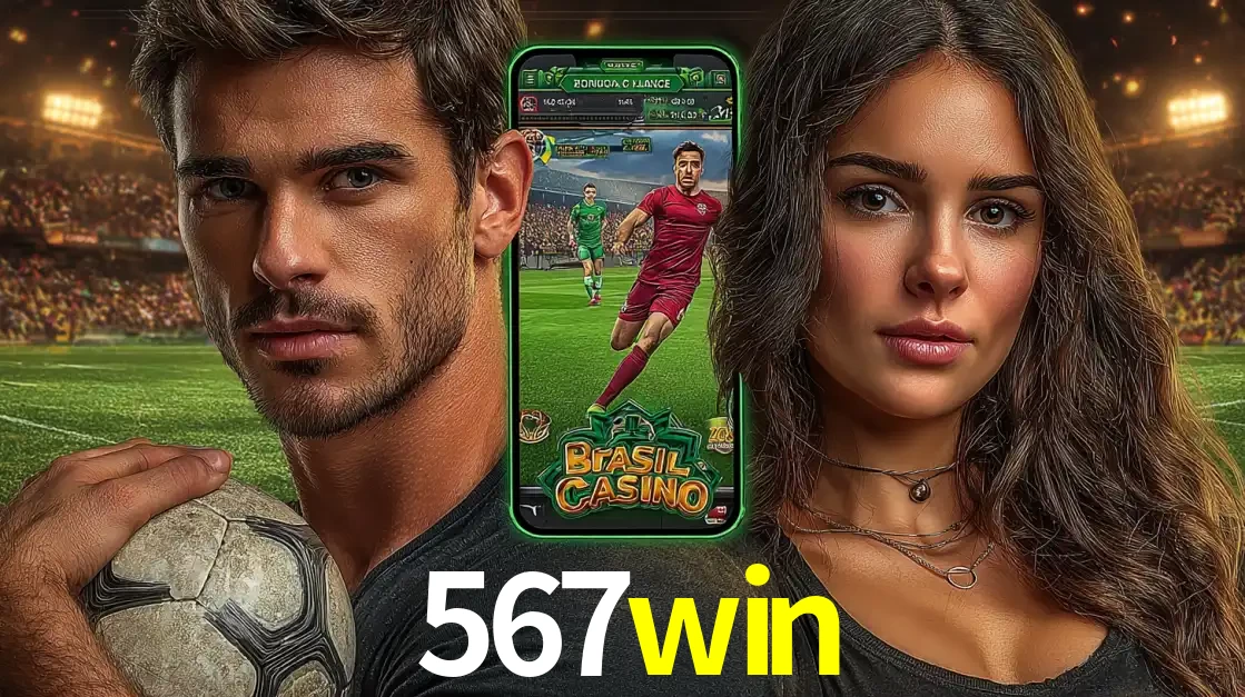 Homem segurando uma bola de futebol e uma mulher ao lado de um smartphone exibindo o jogo de apostas esportivas da 567win. Faça seu palpite no cassino online.